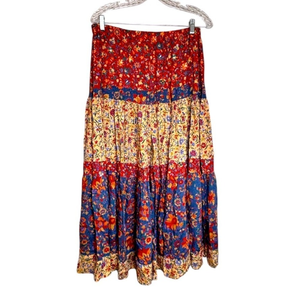 Vtg 80s Broom Skirt Maxi Sz M Florals Tiered Boho Cottage Prairie Festival